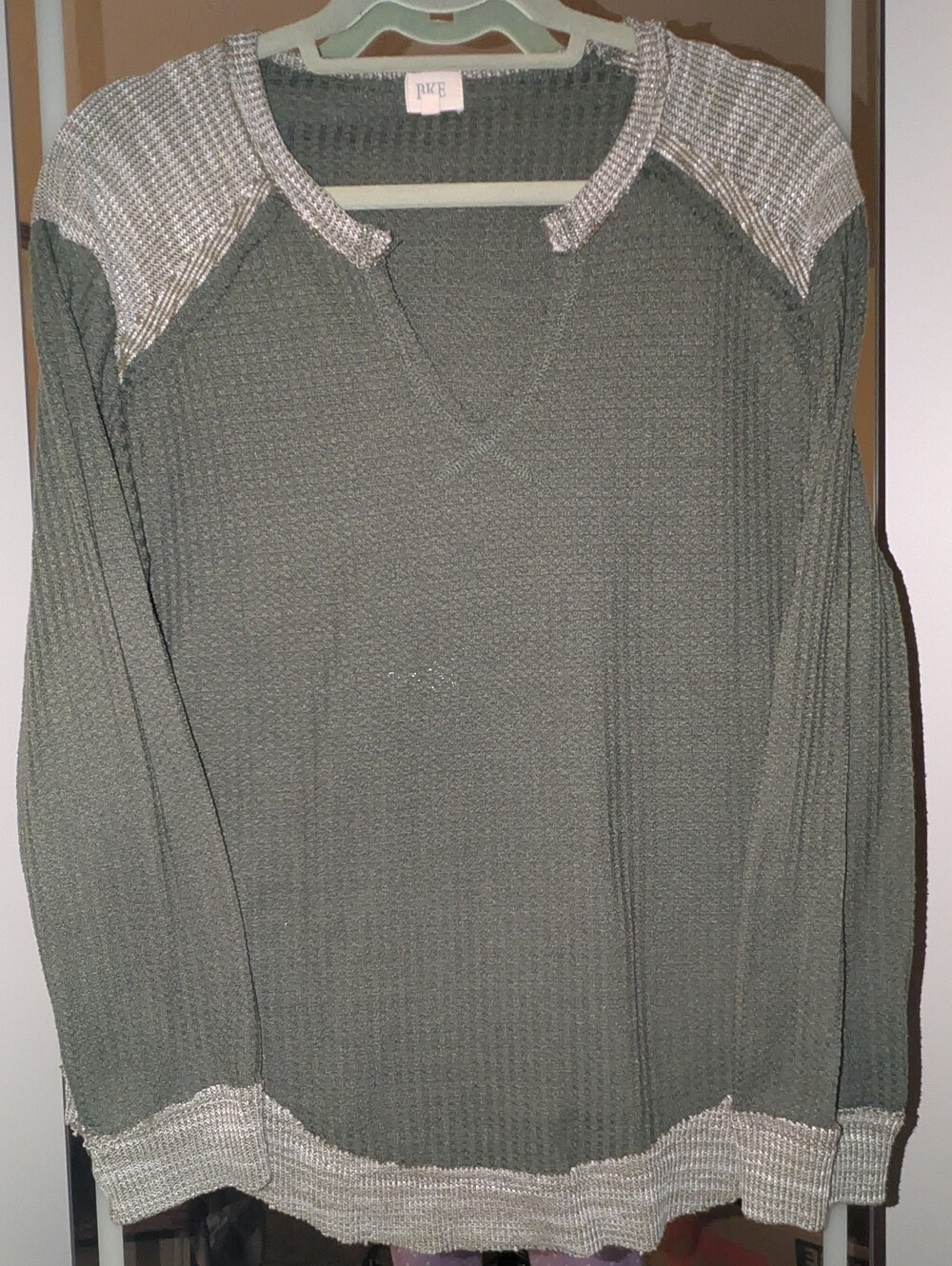 BKE Olive Green V-Neck Sweater with Silver Trim